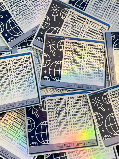 Stack of stickers with 'everything is connected' text and graphics on a colorful background