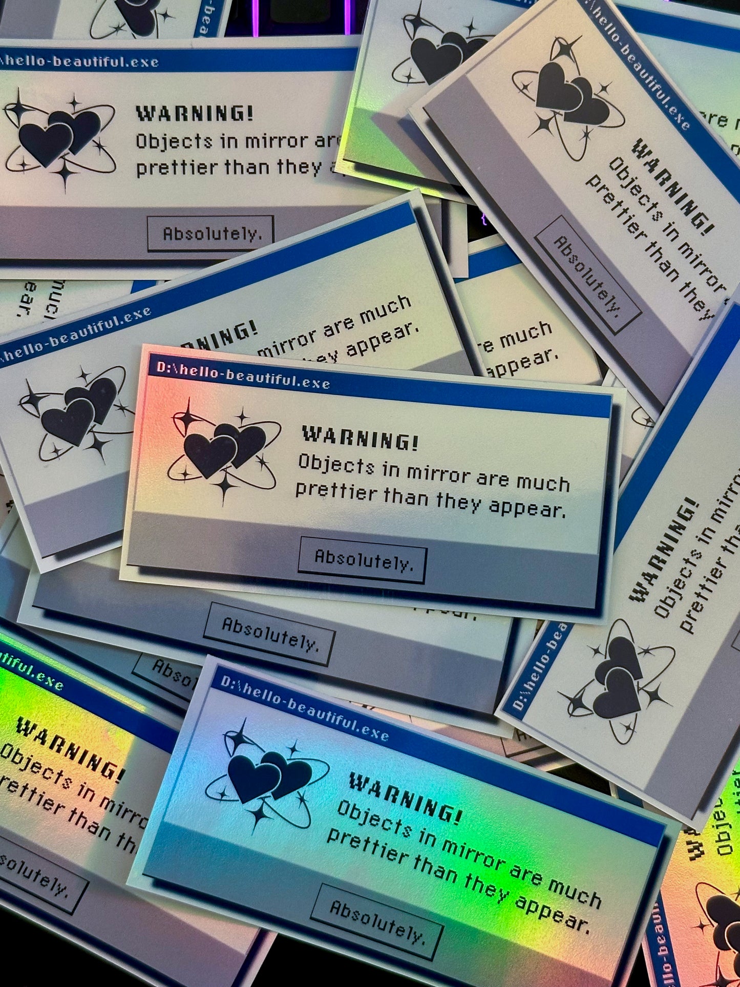 Objects In The Mirror Are Prettier Than They Appear | 90s Retro Computer Error Sticker | 2x4 Holographic Y2K Vinyl Sticker | Self-Love Decal